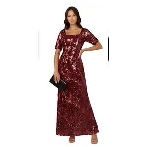 Adrianna Papell Women Red Square-Neck Lined Sequinned Gown Dress Size: 4